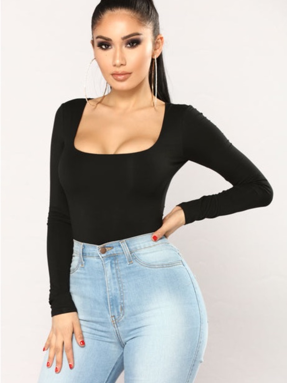 FASHION NOVA Ribbed Long Sleeve Bodysuit with a Square Neckline